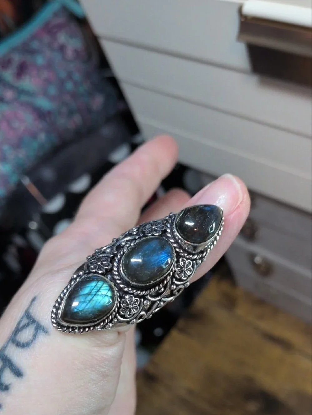 Sterling Silver Labradorite Triple Stone Statement Ring - Blue
